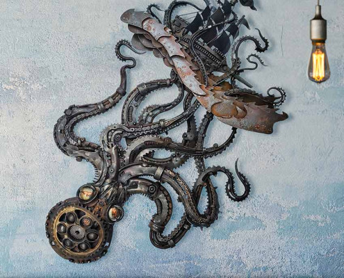 Drama on the High Seas Kraken sculpture made from Reclaimed metal objects by Metal Sculpture Artist Alan Williams 2019