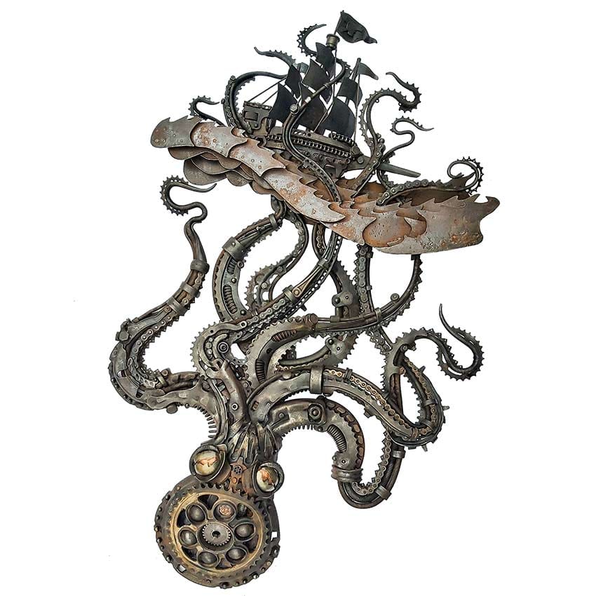 Contemporary metal sculpture by Alan Williams made from reclaimed mechanical materials and forged steel