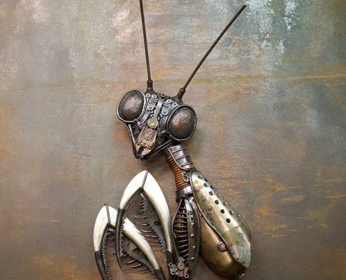 Reclaimed Metal Art Sculpture of a Praying Mantis by Metalwork Artist Alan Williams