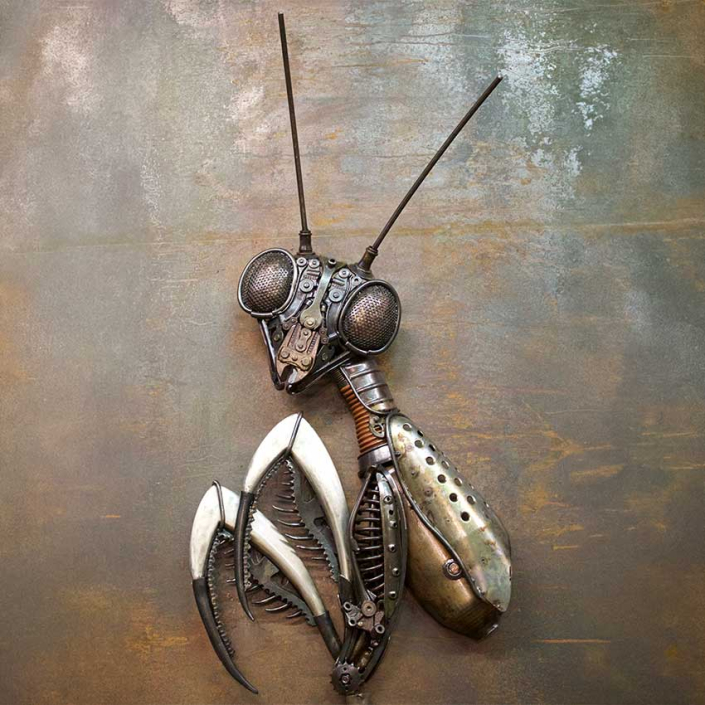 Reclaimed Metal Art Sculpture of a Praying Mantis by Metalwork Artist Alan Williams