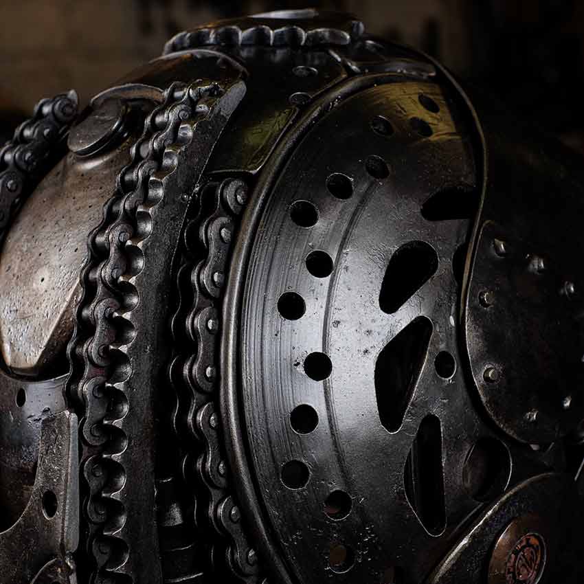 Two Gary Vines memorial helmet sculptures made by Alan Williams