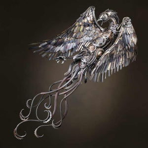 Ignis Avem Phoenix sculpture made from reclaimed metal objects made by Alan Williams in 2018