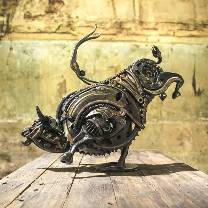 Cretan Bull Jumper metal sculpture made from reclaimed metal by Alan Williams metal Sculpture Artist