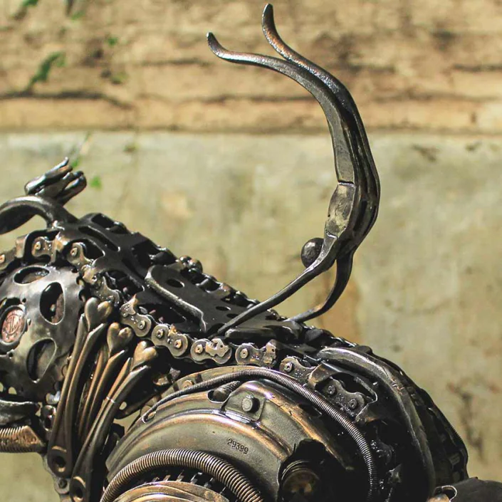 Cretan Bull Jumper metal sculpture made from reclaimed metal by Alan Williams metal Sculpture Artist