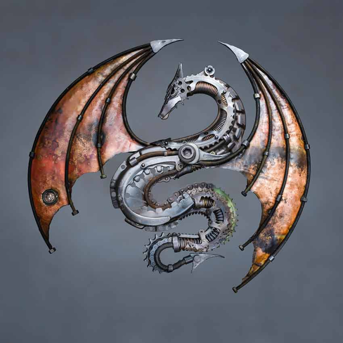 Double Wing Dragon Metal Wall Sculpture created from Reclaimed metals by Alan Williams Metal Artist
