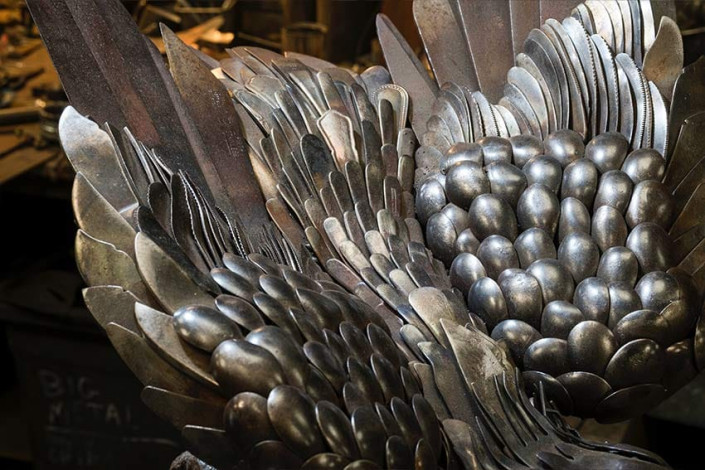 Feather details of the Metal Sculpture of a Red Tailed Hawk by Alan Williams Metal Sculpture artist