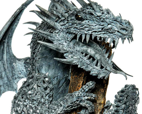 Nidhogg dragon sculpture face details by Metal Sculpture Artist Alan Williams