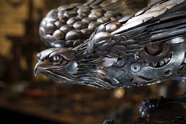 Face details of the Red Tailed Hawk Metal Sculpture by Alan Williams Metal Artist