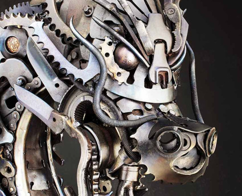 Head of an Empire Chinese Dragon 2018 sculpture by reclaimed metal artist Alan Williams