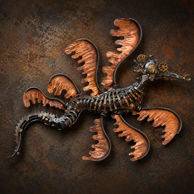 Seadragon ii metal sculpture 2026 create by reclaimed metal artist Alan Williams in Sussex UK