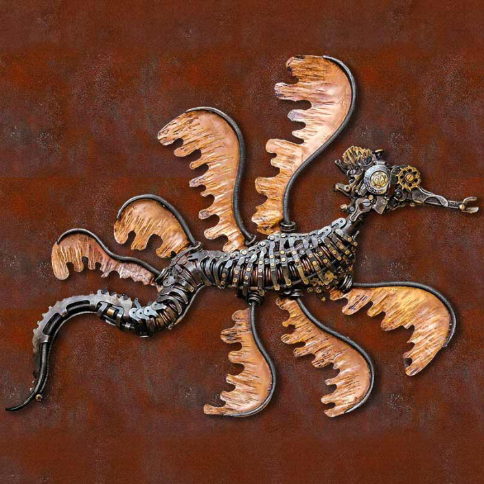 Seadragon ii metal sculpture 2026 create by reclaimed metal artist Alan Williams in Sussex UK
